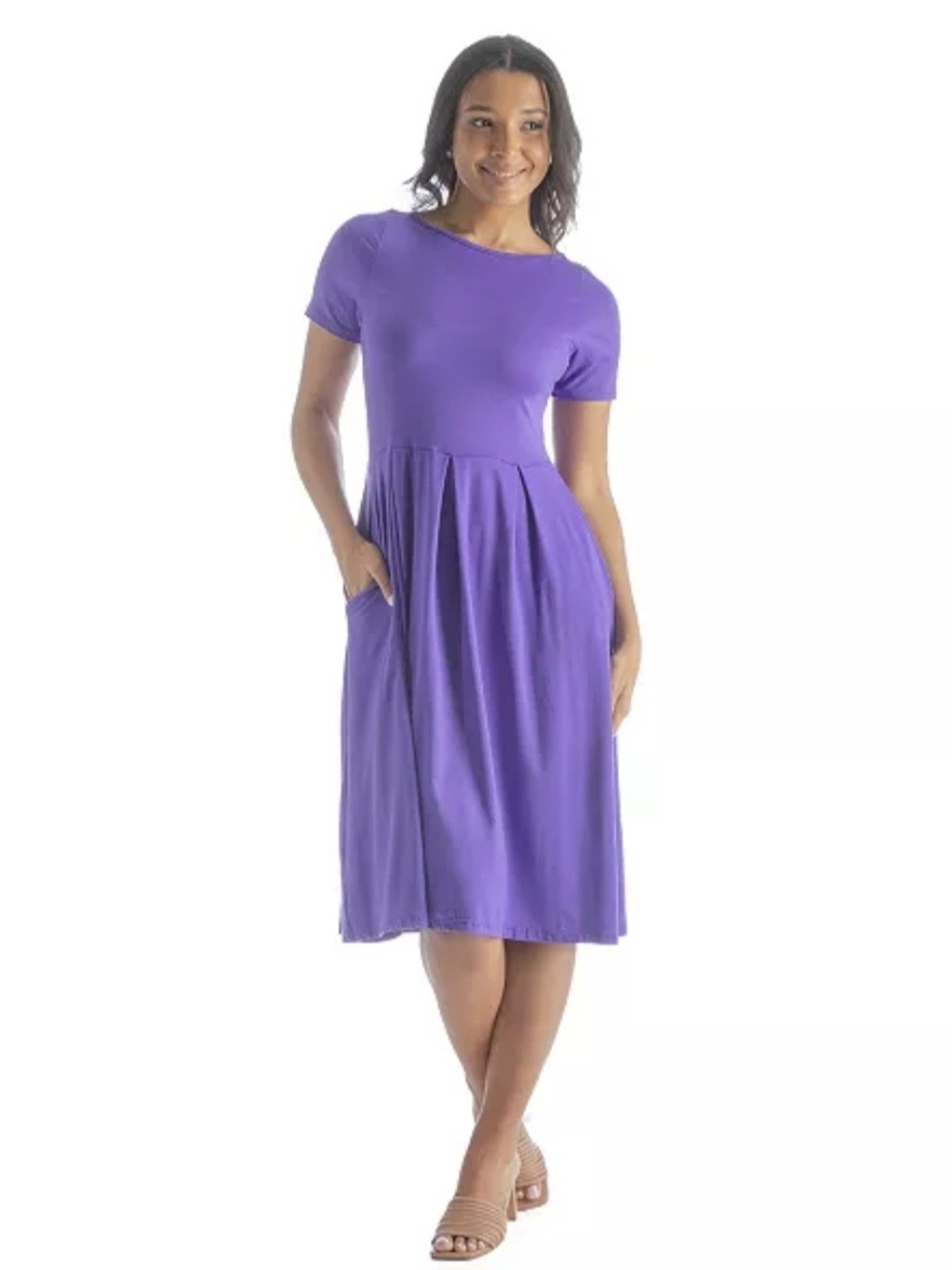 24/7 Comfort Apparel Violet Short-Sleeve Midi Dress with Pockets